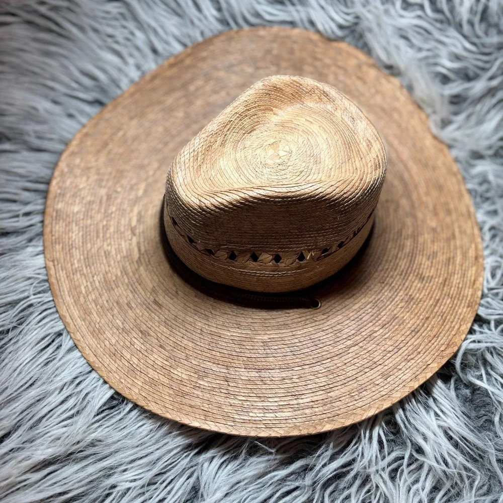 Striped Palm Straw Wide Brim Fedora Sun Western‎ Hat Drawstring